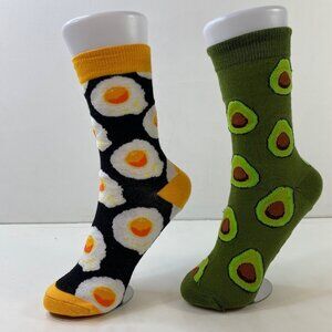 Unisex Crew Socks Set 2 Eggs Avocados Print Black Green Yellow White Brown